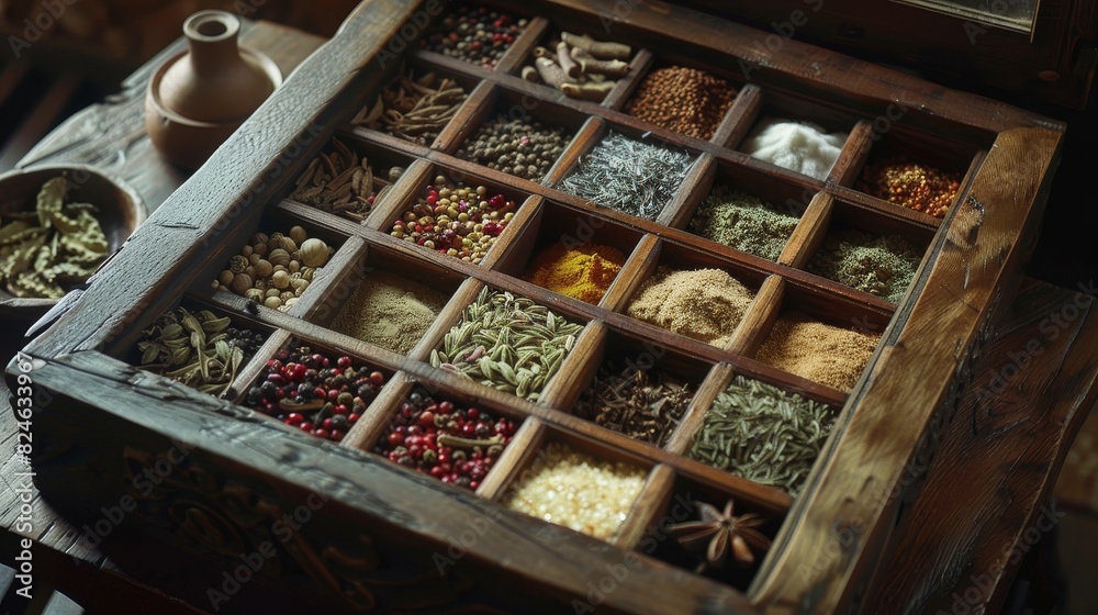 Wooden box brimming with assorted spices and herbs, close-up shot capturing intricate details and rich colors, ideal for food advertisements Wooden box brimming with assorted spices and herbs, close-up shot capturing intricate details and rich colors, ideal for food advertisements