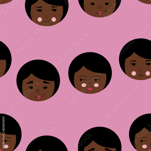 Seamless pattern, comely girlish faces. Repeatable background, female portrait. Funny girl visage.