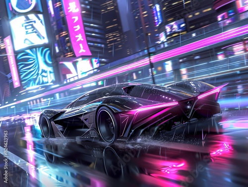 A sleek, futuristic sports car driving through a neonlit cityscape at night