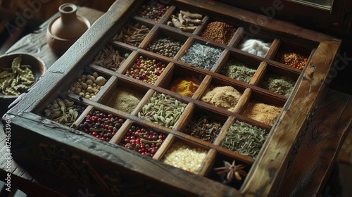 Wooden box brimming with assorted spices and herbs, close-up shot capturing intricate details and rich colors, ideal for food advertisements © Paul