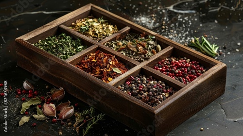 Wooden box brimming with assorted spices and herbs, close-up shot capturing intricate details and rich colors, ideal for food advertisements © Paul