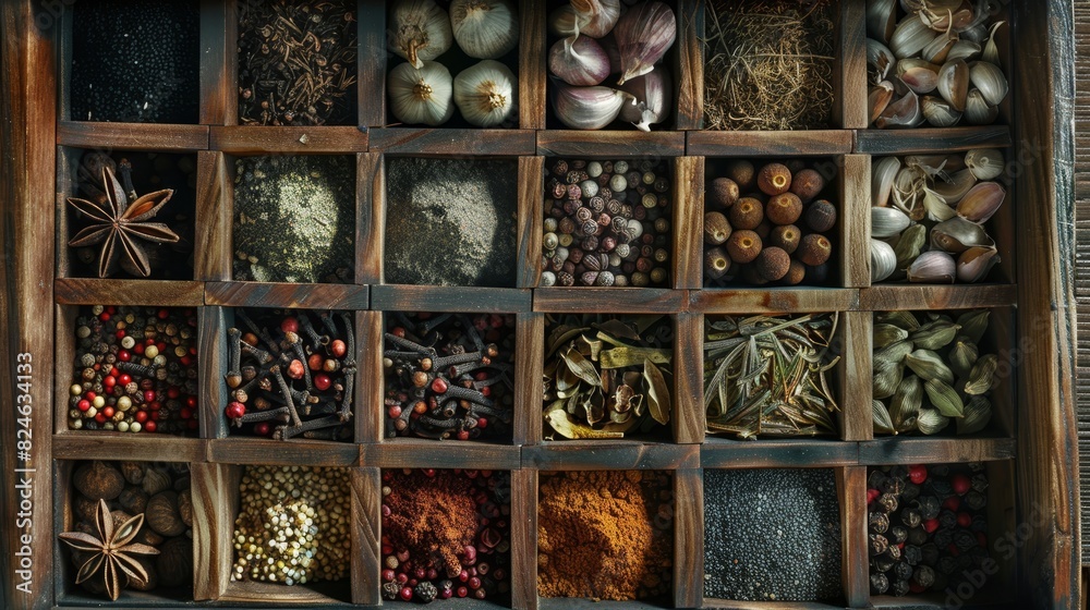 Wooden box full of diverse spices and herbs, close-up view emphasizing rich colors and intricate details, ideal for culinary advertising