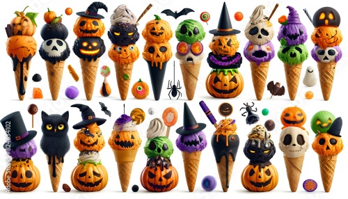 This image showcases Halloween-themed ice cream cones with spooky designs like pumpkins, ghosts, and witches' hats on a white background.