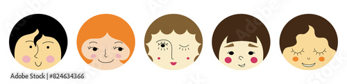 Different avatars, attractive girlish faces. Childish print, diverse faces, women visage. Funny girl visage.