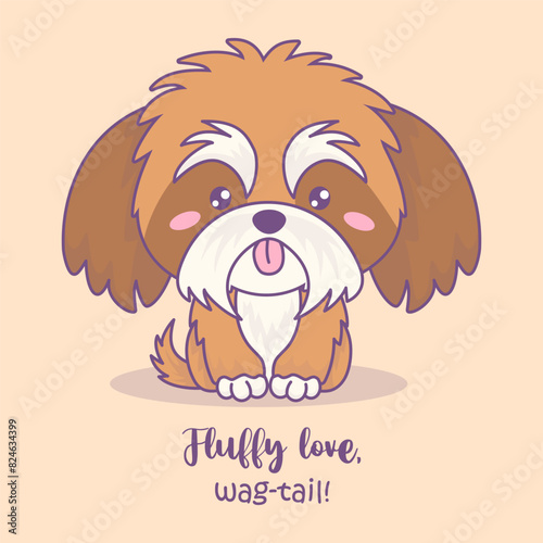 Cute fluffy dog Shih Tzu. Funny cartoon kawaii character animal. Lap dog. Vector illustration .