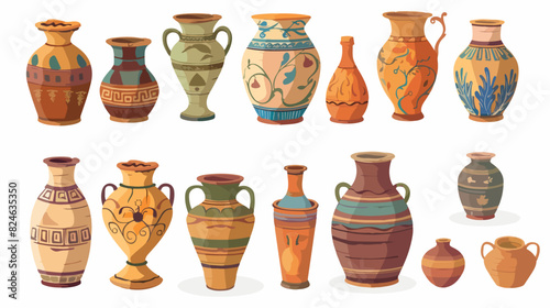 Cartoon greek pots. Ancient pottery ceramic vases old