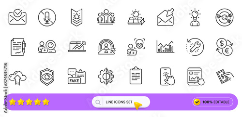 Video conference, Sales diagram and Lgbt line icons for web app. Pack of Currency exchange, Shoulder strap, Winner pictogram icons. No microphone, Eye detect, Internet report signs. Search bar. Vector