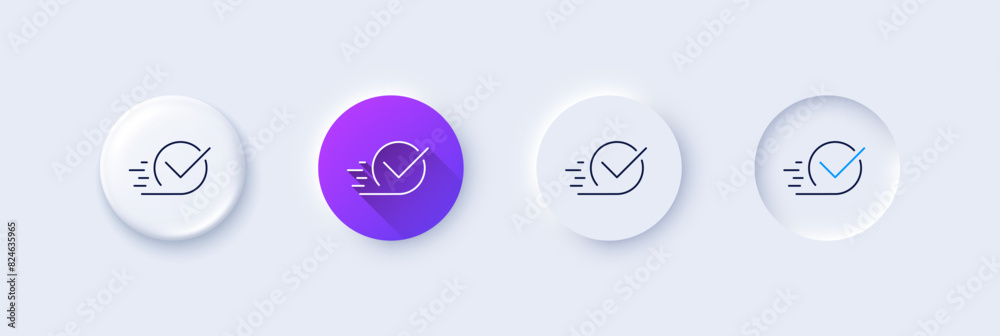 Approved line icon. Neumorphic, Purple gradient, 3d pin buttons. Accepted or confirmed sign. Line icons. Neumorphic buttons with outline signs. Vector
