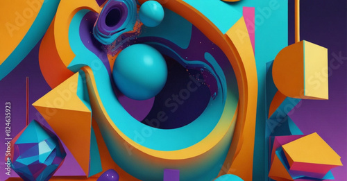 A composition where geometric shapes interact with fluid, three-dimensional forms in a vibrant, tech-inspired color scheme