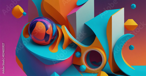 A composition where geometric shapes interact with fluid, three-dimensional forms in a vibrant, tech-inspired color scheme