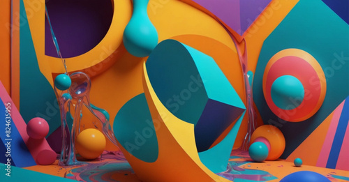 A composition where geometric shapes interact with fluid, three-dimensional forms in a vibrant, tech-inspired color scheme