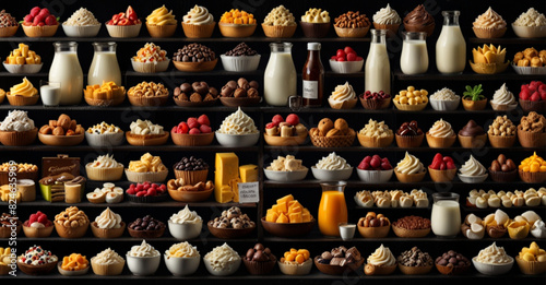 Favorite dairy products and frozen desserts, set against a dark and dramatic background.