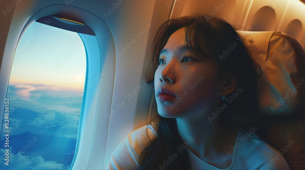 Woman Sitting on Airplane Looking Out Window