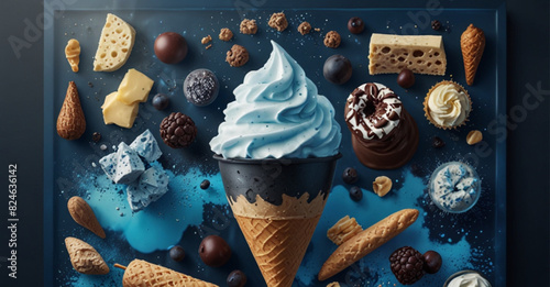A stunning poster featuring a mouth-watering display of all your favorite dairy products and frozen desserts ice cream, set against a dark and dramatic background.