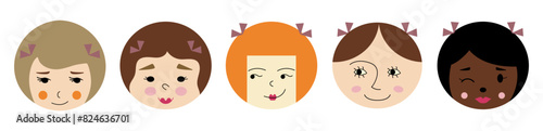 Avatar set, sweet girlish faces. Character design, various impressions, feminine appearance. Editable vector illustration.