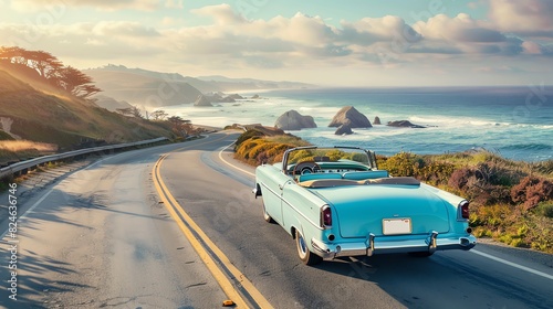 A vintage convertible driving along a scenic coastal road