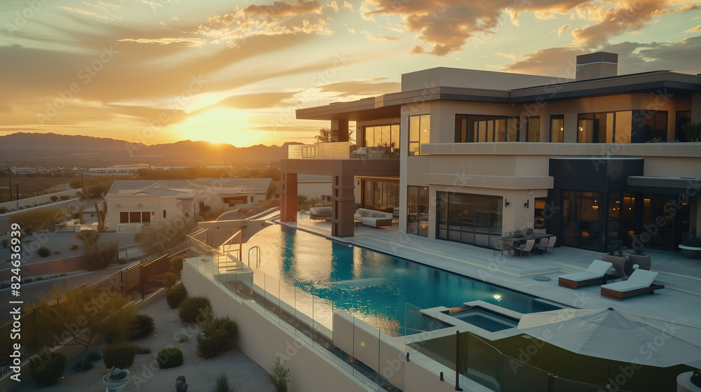 Fototapeta premium Luxurious House With Front Yard Pool