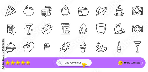 Apple carrot, Restaurant app and Water drop line icons for web app. Pack of Juice, Pistachio nut, Ice cream pictogram icons. Pizza, Mint leaves, Food app signs. Martini glass, Seafood. Vector