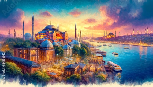A vibrant panorama view of Istanbul, Turkey, captures charm of key landmarks like Hagia Sophia, Blue Mosque and Bosphorus