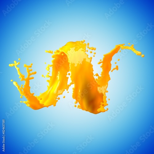 orange juice splash isolated on blue background