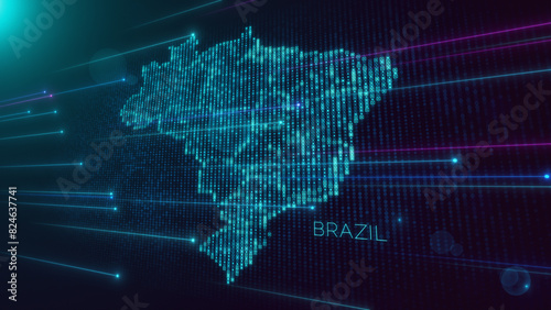 Abstract Futuristic Blue Violet Shiny Perspective Square Hud Particles Mosaic Grid And Text Of Brazil Region Map With Dotted Lines Light Flare