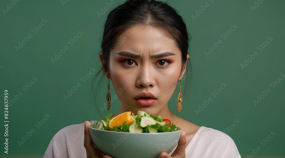 Beautiful attractive asian woman model angry expression eating bowl of salad fruit Beautiful attractive asian woman model angry expression eating bowl of salad fruit