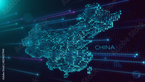 Abstract Futuristic Blue Violet Shiny Perspective Square Hud Particles Mosaic Grid And Text Of China Region Map With Dotted Lines Light Flare