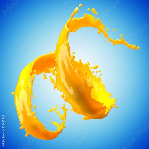 orange juice splash isolated on blue background