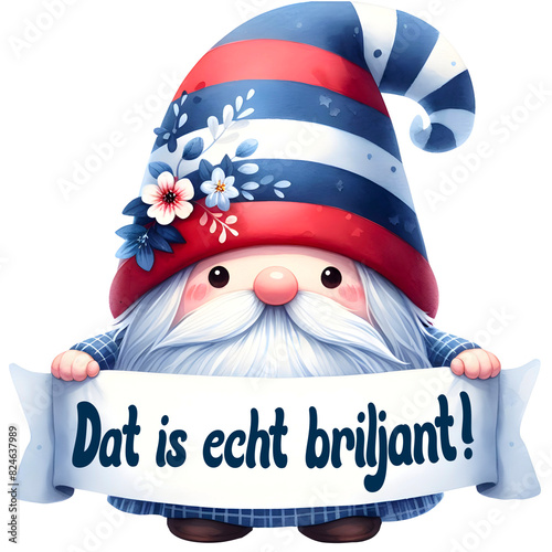 Watercolor cute chubby Dutch Gnome clip art. Gnome wearing Netherlands color outfit. Gnome with banner in Ducth. Travel gnome theme.  photo