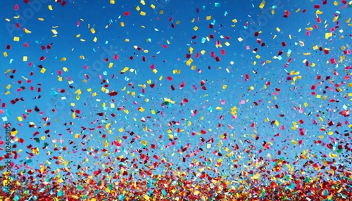 Brightly colored confetti floating downwards in front of a clear blue sky, sparkling in the light.