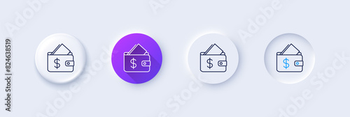 Wallet line icon. Neumorphic, Purple gradient, 3d pin buttons. Affordability sign. Cash savings symbol. Line icons. Neumorphic buttons with outline signs. Vector