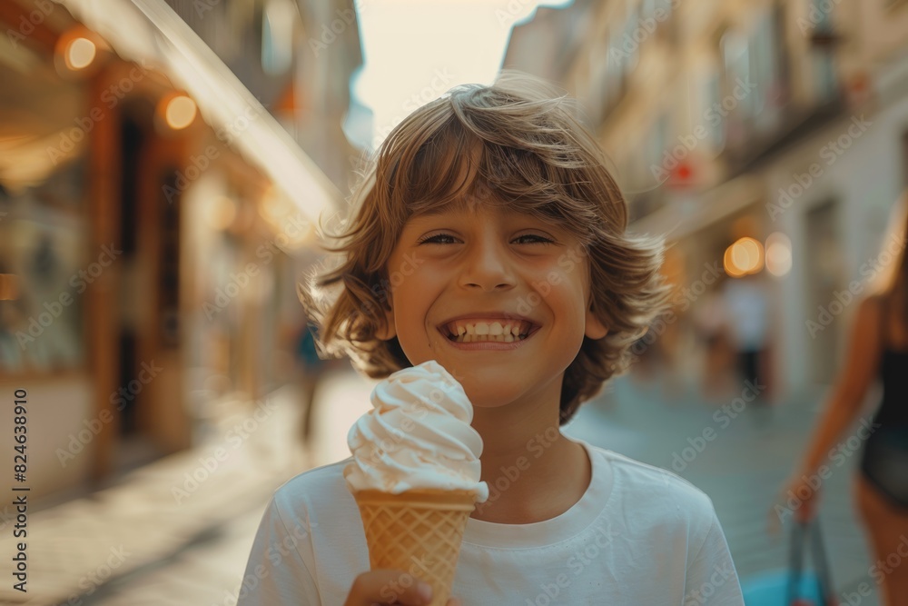 The little boy happily eats sweet cones on the street