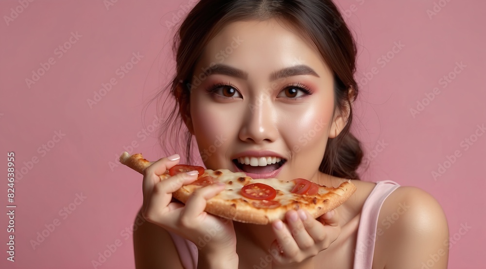 Beautiful attractive asian woman model happy expression eating pizza Beautiful attractive asian woman model happy expression eating pizza