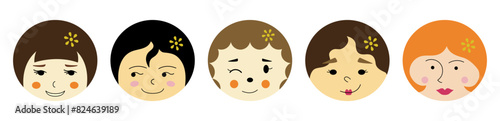 Various characters, comely girlish faces. Head shapes, different stickers, girl guise. Cartoon vector illustration.