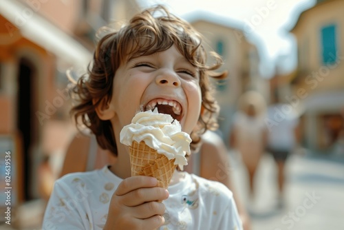 The little boy happily eats sweet cones on the street
