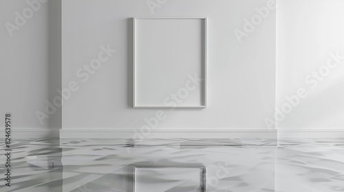 Fototapeta Naklejka Na Ścianę i Meble -  Minimalist 3D rendered mockup of a blank frame on a white wall in a room with an acrylic floor. Ultra HD, high-quality image.