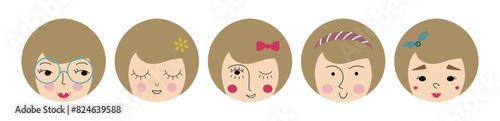 Diverse personages, beautiful girlish faces. Emoji faces, variety impressions, female face. Cute creative vector design.