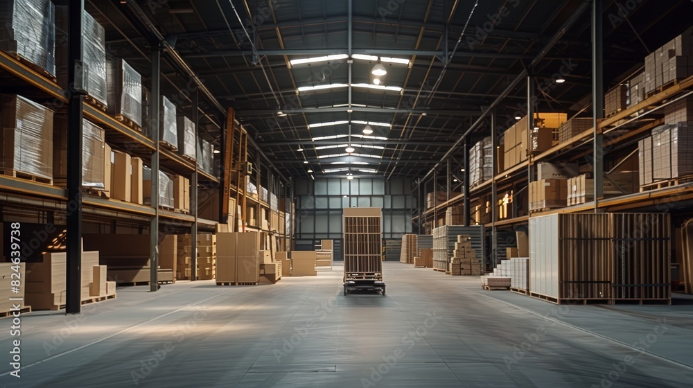 A warehouse with a steel structure and metal suspended ceilings, the interior design of an industrial building. Generative AI. A warehouse with a steel structure and metal suspended ceilings, the interior design of an industrial building. Generative AI.