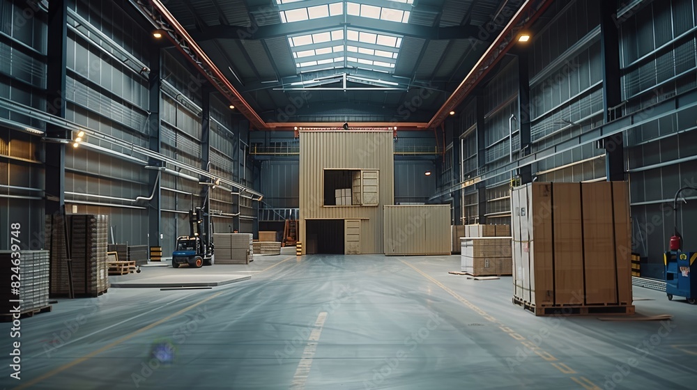A warehouse with a steel structure and metal suspended ceilings, the interior design of an industrial building. Generative AI. A warehouse with a steel structure and metal suspended ceilings, the interior design of an industrial building. Generative AI.