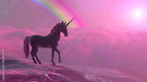 A magic purple unicorn in the bright pink sky with a rainbow