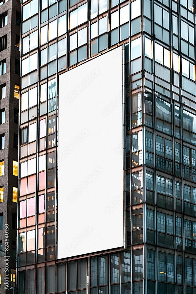 A blank vertical billboard mockup on a building facade, surrounded by office windows, ready for ad design, isolated for text
