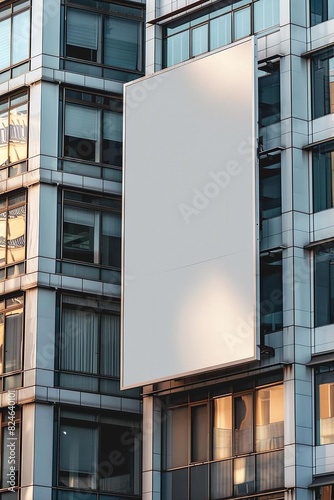 A blank vertical billboard mockup on a building facade, surrounded by office windows, ready for ad design, isolated for text © miss[SIRI]