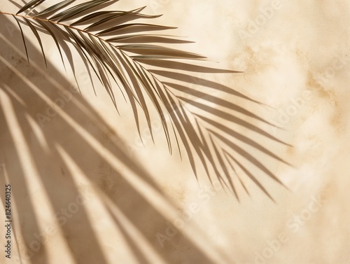 Palm leaf casting a shadow on a beige wall, creating a serene and tropical atmosphere.
