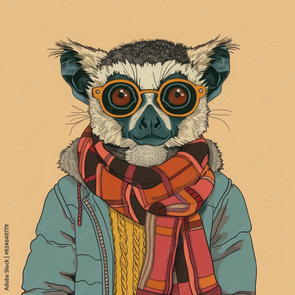 A lemur wearing a scarf and a jacket A lemur wearing a scarf and a jacket