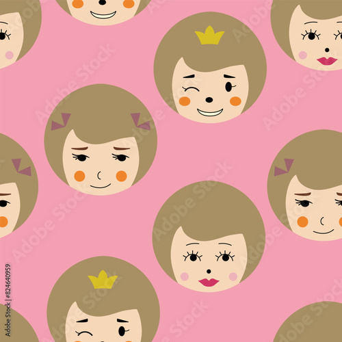 Endless pattern, beautiful girlish faces. Multipurpose use, female look. Abstract colorful background design.