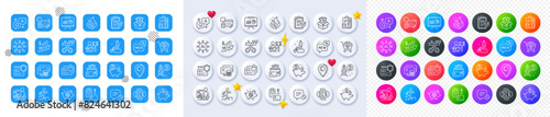 Add products, Survey checklist and Saving money line icons. Square, Gradient, Pin 3d buttons. AI, QA and map pin icons. Pack of Money, Leader run, Bitcoin coin icon. Vector