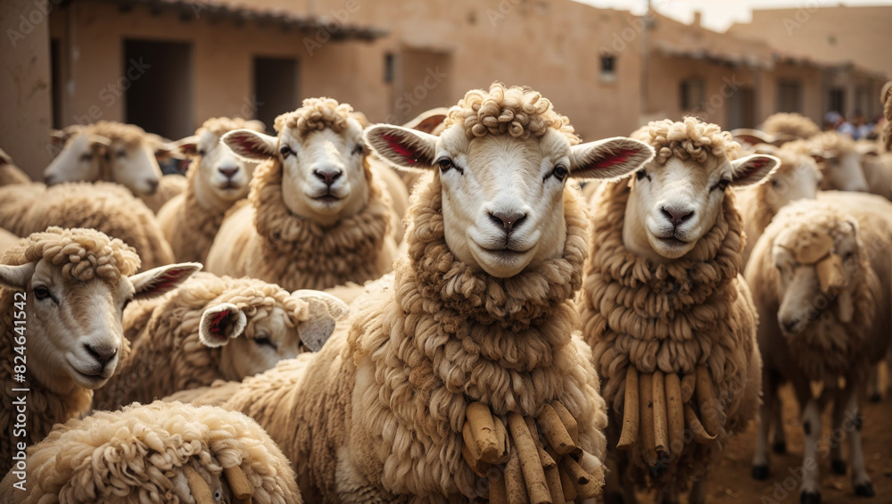 Obraz premium A group of sheep are standing in a pen looking at the camera.