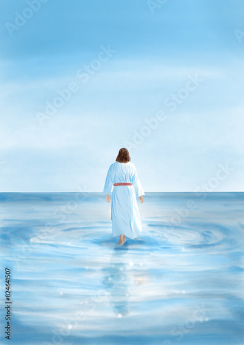 Jesus in a flowing white dress walking on the water of the sea as Christian art by digital painting.