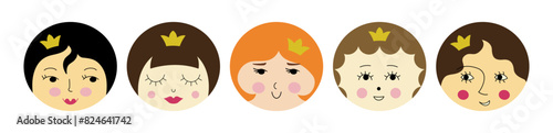Diverse personages, beautiful girlish faces. Cartoon mascots, variety feelings, female look. Cute creative vector design.