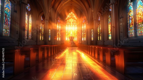 Sunlight beams through stained glass windows, illuminating the wooden pews of a serene church interior, creating a peaceful atmosphere.